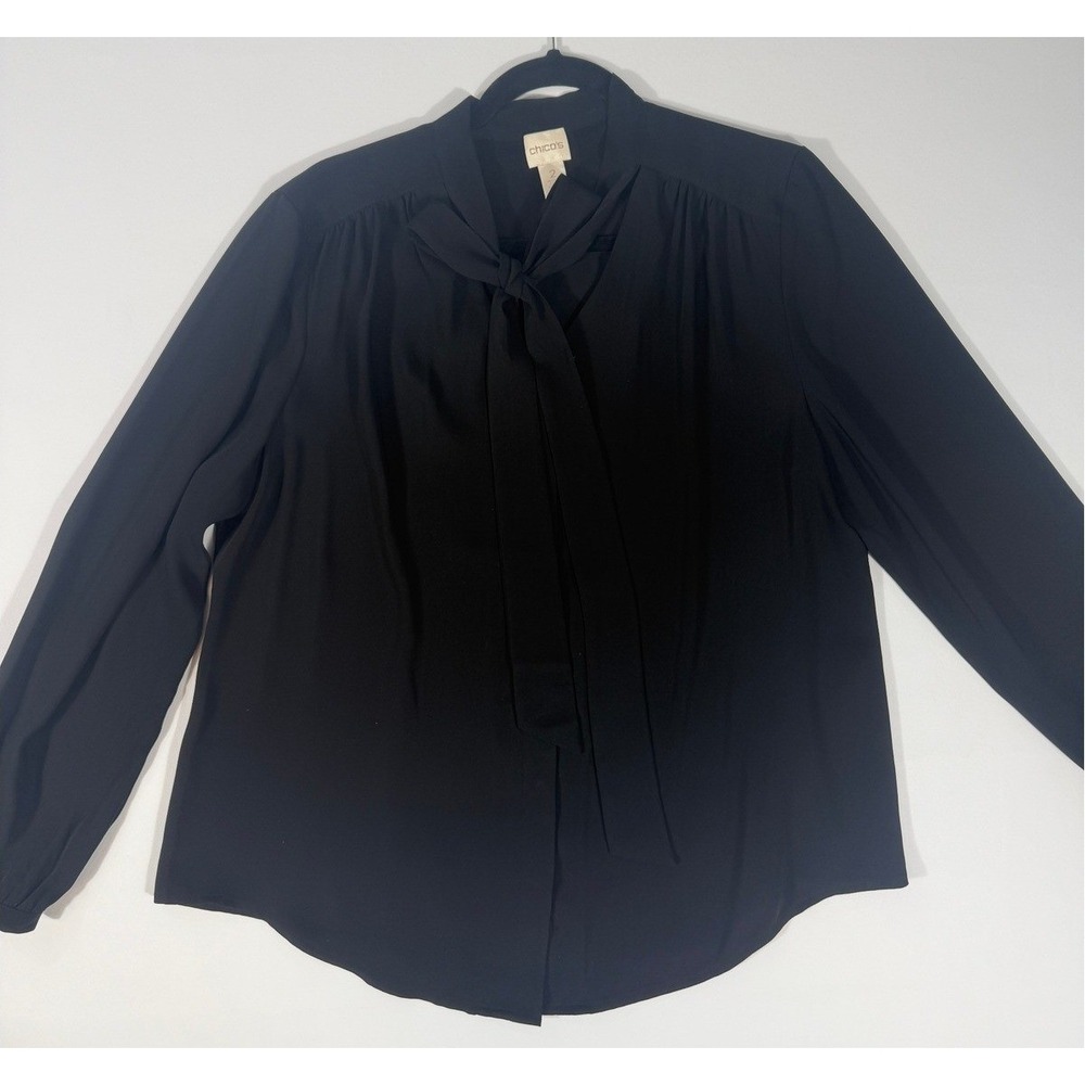 Chico's Tie Neck Blouse Women 2 Black Long Sleeve Blouse